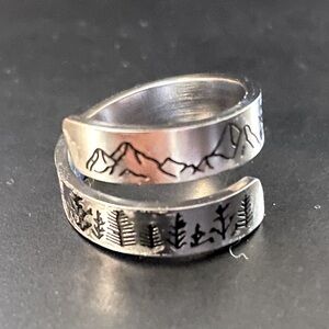 Mountains and Trees Silver Bypass Ring Size 6 1/2 Adjustable NWOT